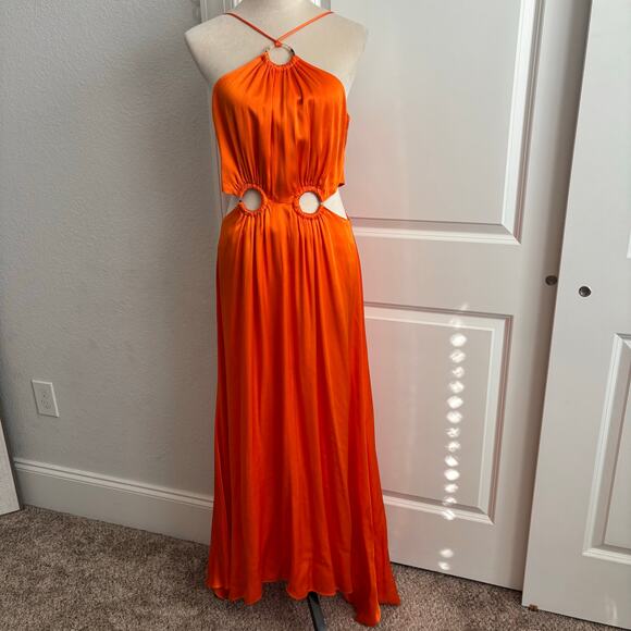 ELIATT Visitant Satin Maxi Dress in Papaya Orange Cut Out Maxi Sz S - Picture 2 of 16